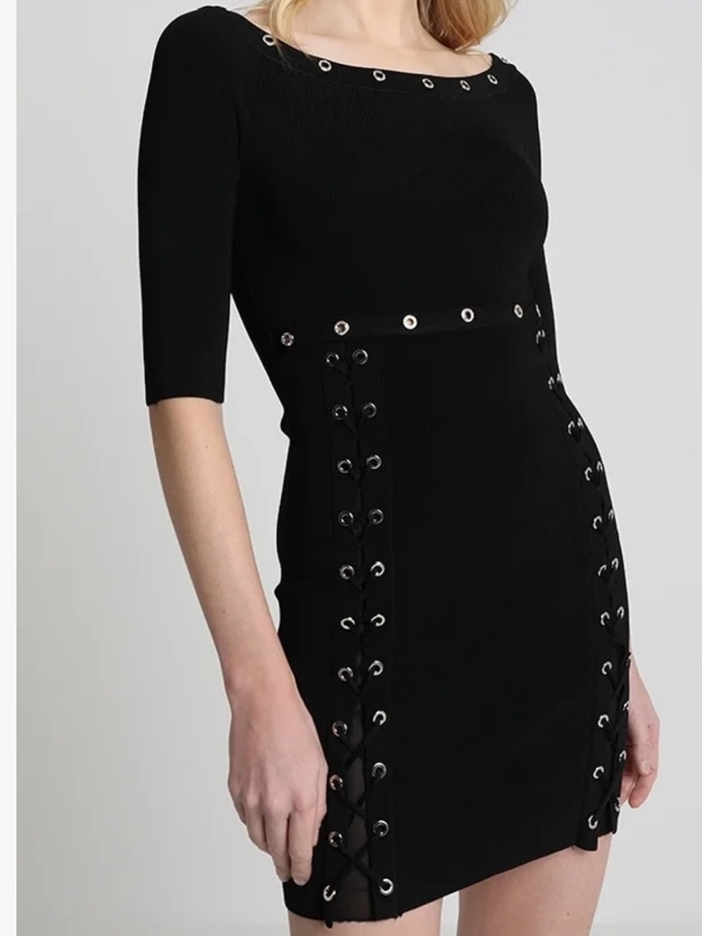 GUESS Black Lace Up Grommet Knit Bodycon Mini Dress M